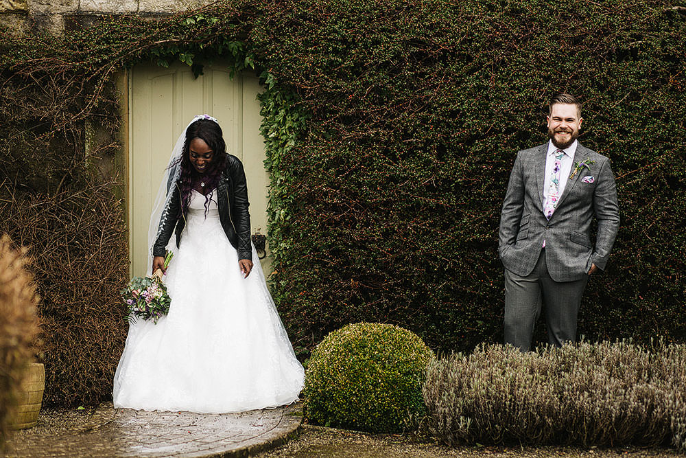 Bride Bridal Sweetheart Neckline A Line Ted Baker Checked Groom Floral Tie Leather Jacket Cressbrook Hall Wedding Paul Joseph Photography