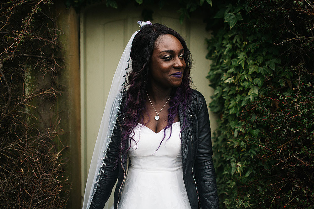 Bride Bridal Sweetheart Neckline Leather Jacket Veil Cressbrook Hall Wedding Paul Joseph Photography