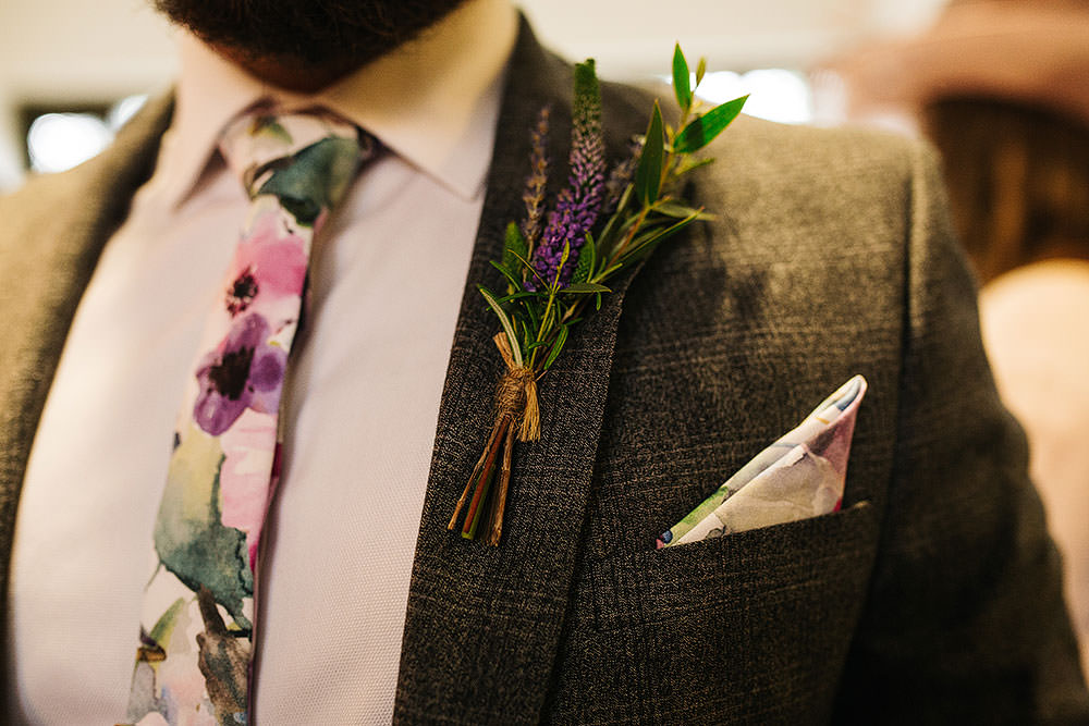 Checked Suit Groom Purple Heather Buttonhole Floral Tie Cressbrook Hall Wedding Paul Joseph Photography
