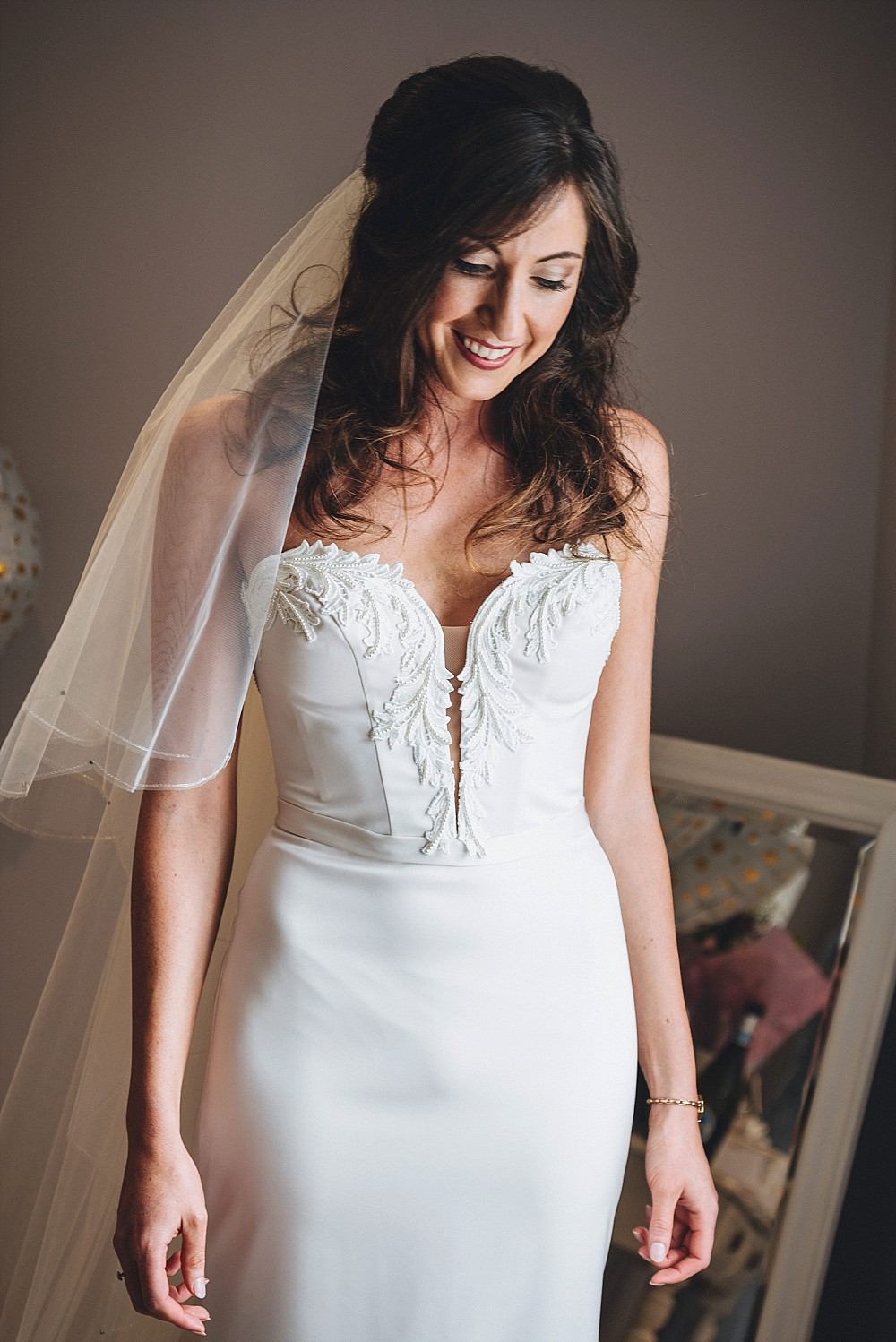 Dress Gown Bride Bridal Train Strapless Bodice Paloma Blanca Pearls Embroidery Veil DIY Home Barn Tipi Wedding Marta May Photography