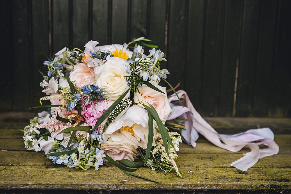 Bouquet Flowers Bride Bridal Pastel Peonies Roses Sweet Peas Astible Oryla Veronica Love in the Mist Delphinium Rosemary Geranium Eucalyptus DIY Home Barn Tipi Wedding Marta May Photography