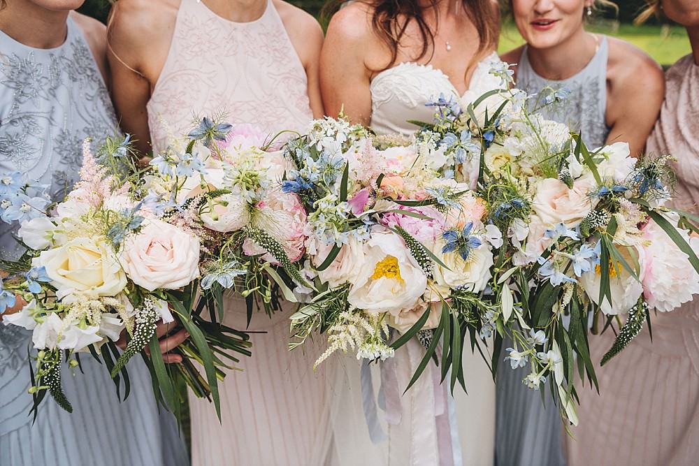 Bouquet Flowers Bride Bridal Pastel Peonies Roses Sweet Peas Astible Oryla Veronica Love in the Mist Delphinium Rosemary Geranium Eucalyptus DIY Home Barn Tipi Wedding Marta May Photography