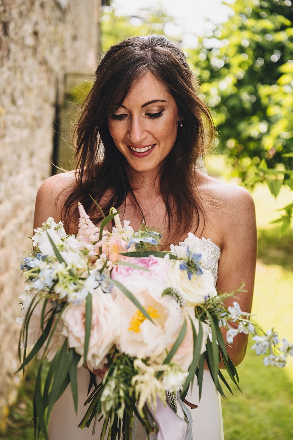 Bouquet Flowers Bride Bridal Pastel Peonies Roses Sweet Peas Astible Oryla Veronica Love in the Mist Delphinium Rosemary Geranium Eucalyptus DIY Home Barn Tipi Wedding Marta May Photography