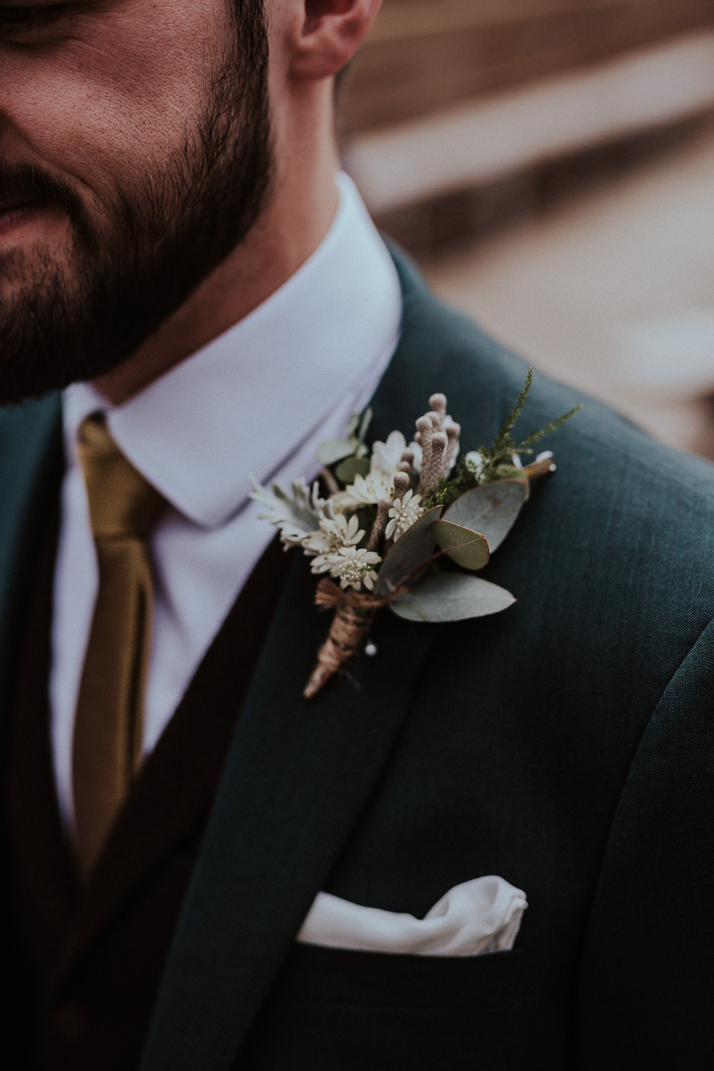 Groom Suit Grey Mustard Tie Buttonhole Flowers White Greenery Faversham Wedding Leeds Steven Haddock Photography
