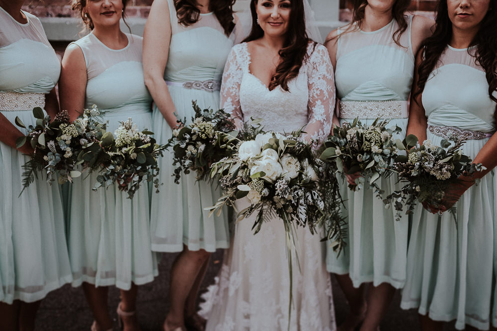 Bridesmaids Short Green Dresses Bouquets Greenery Flowers Peony Fern Faversham Wedding Leeds Steven Haddock Photography