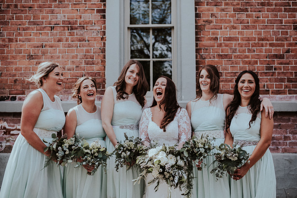 Bridesmaids Short Green Dresses Bouquets Greenery Flowers Peony Fern Faversham Wedding Leeds Steven Haddock Photography