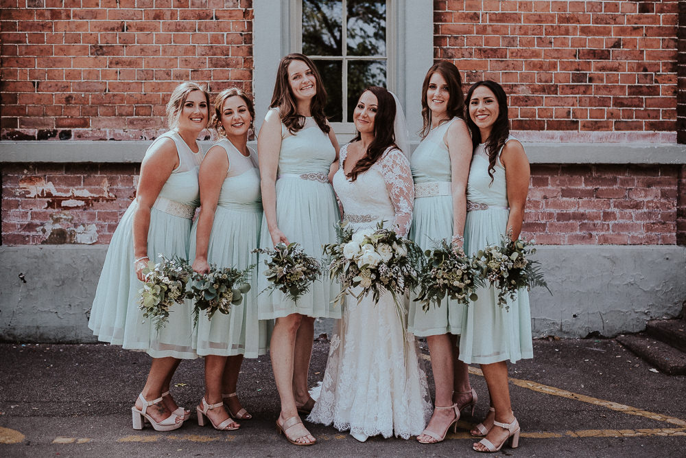 Bridesmaids Short Green Dresses Bouquets Greenery Flowers Peony Fern Faversham Wedding Leeds Steven Haddock Photography
