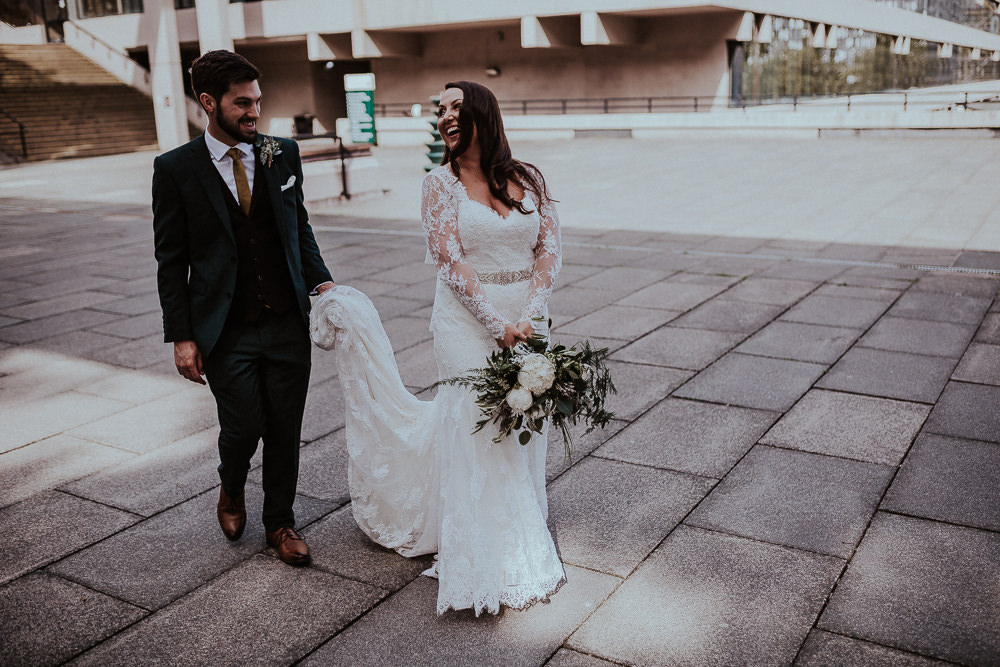 Bride Bridal Lace Gown Train Sleeves Long Belt Faversham Wedding Leeds Steven Haddock Photography