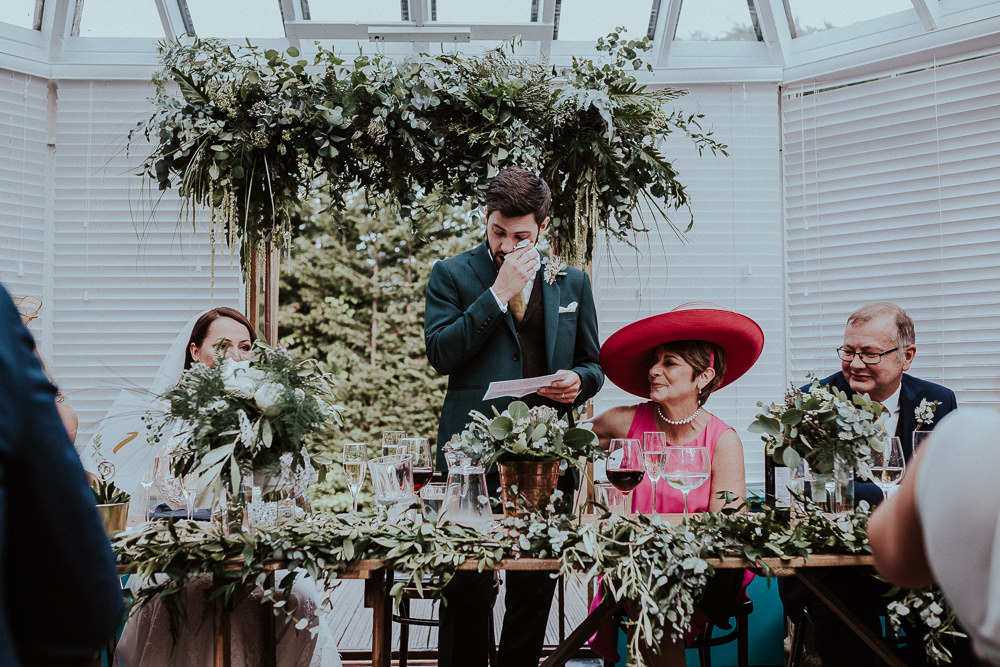 Top Table Flowers Greenery Foliage Backdrop Metal Frame Faversham Wedding Leeds Steven Haddock Photography