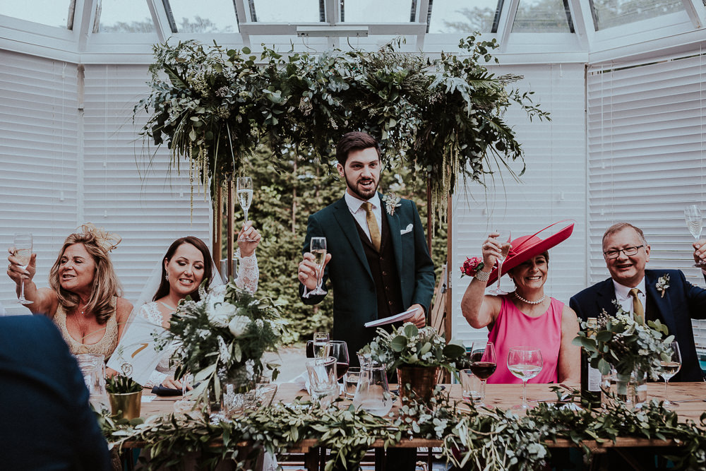 Top Table Flowers Greenery Foliage Backdrop Metal Frame Faversham Wedding Leeds Steven Haddock Photography