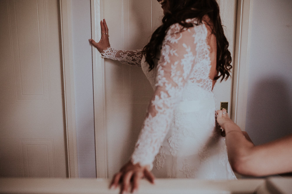 Bride Bridal Lace Gown Train Sleeves Long Belt Faversham Wedding Leeds Steven Haddock Photography
