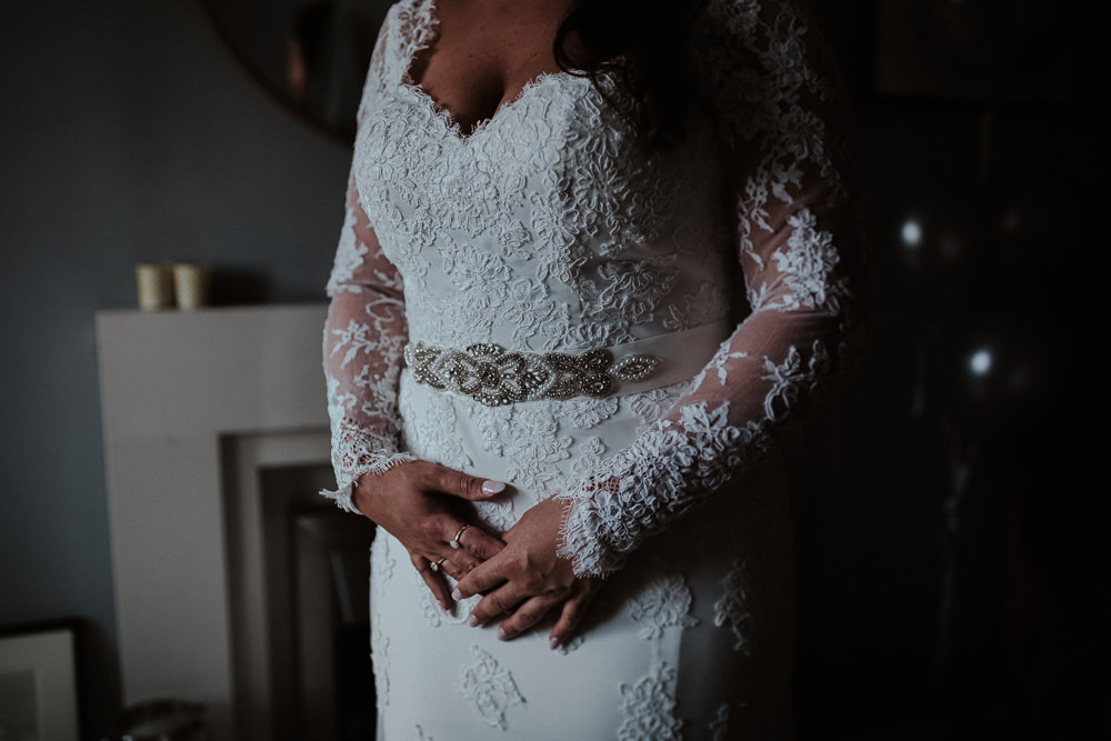 Bride Bridal Lace Gown Train Sleeves Long Belt Faversham Wedding Leeds Steven Haddock Photography