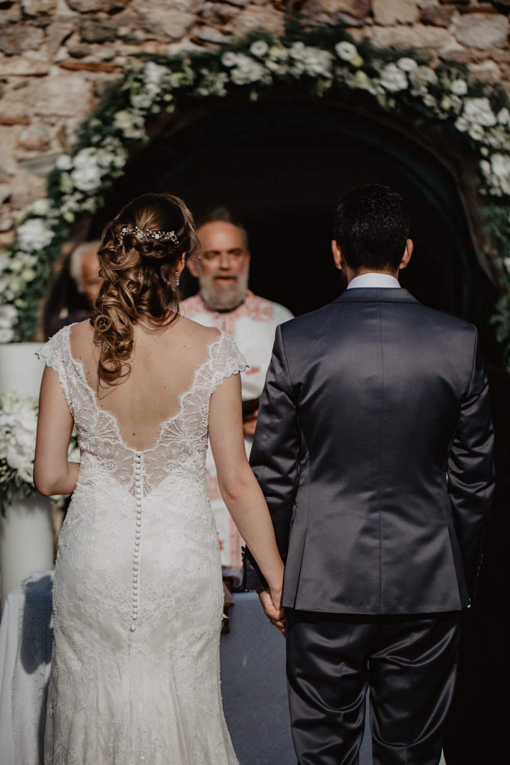 Bride Bridal Fishtail Lace Cap Sleeve Low V Back Dress Gown Greece Destination Wedding Elena Popa Photography