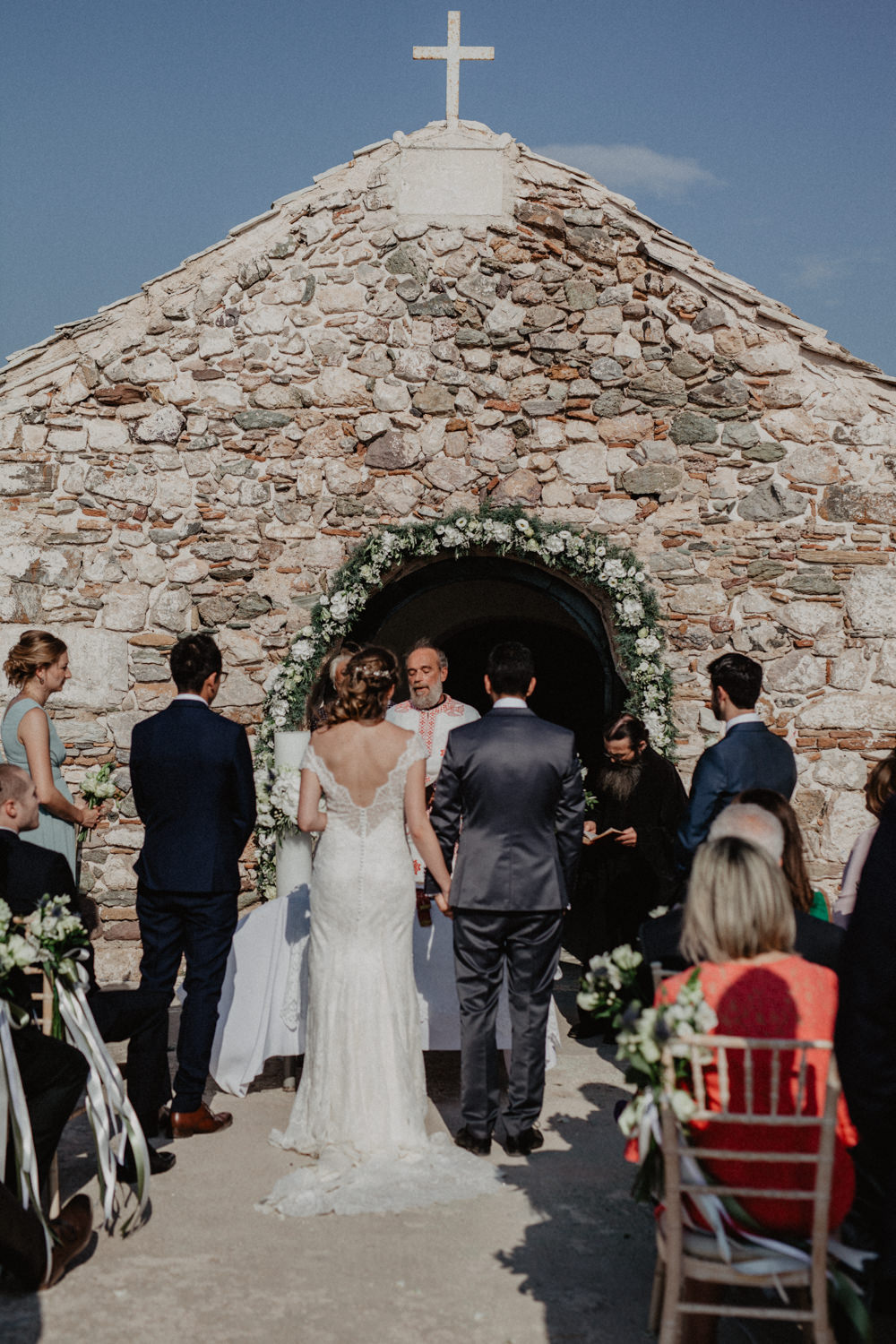Bride Bridal Fishtail Lace Cap Sleeve Low V Back Dress Gown Greece Destination Wedding Elena Popa Photography