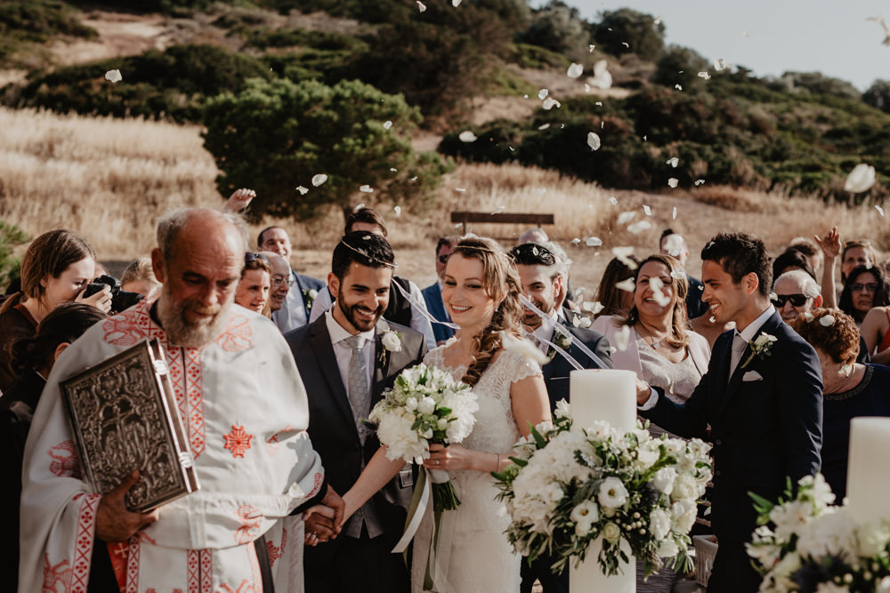Bride Bridal Fishtail Lace Cap Sleeve Sweetheart Dress Gown Bouquet Grey Suit Groom Confetti Greece Destination Wedding Elena Popa Photography