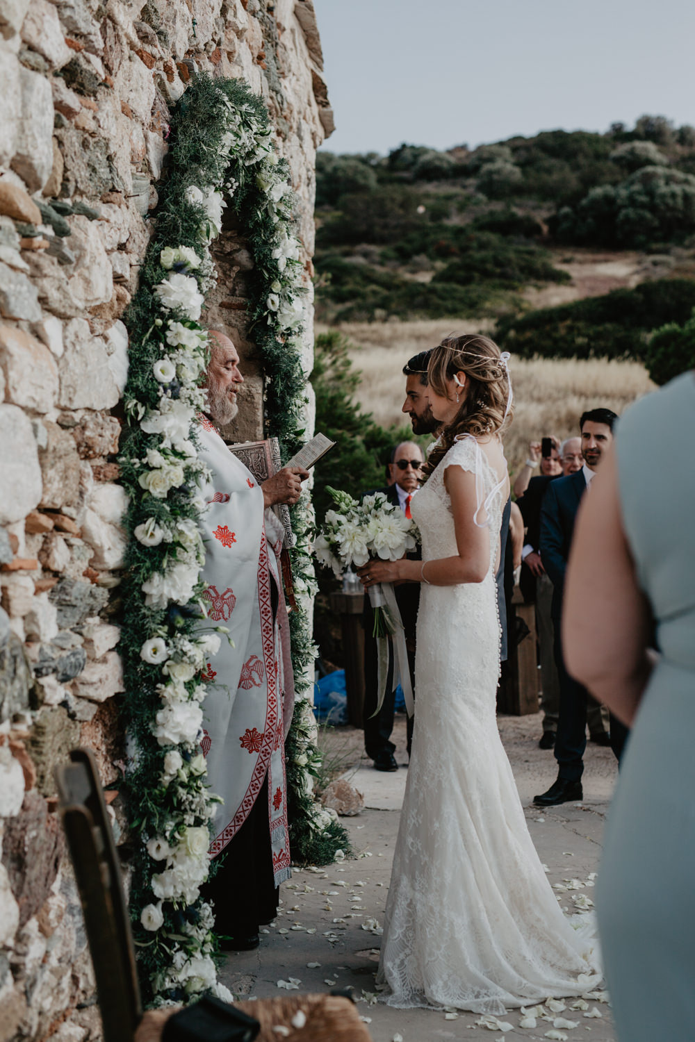 Church Floral Greenery Arch Bride Bridal Fishtail Lace Cap Sleeve Sweetheart Dress Gown Greece Destination Wedding Elena Popa Photography