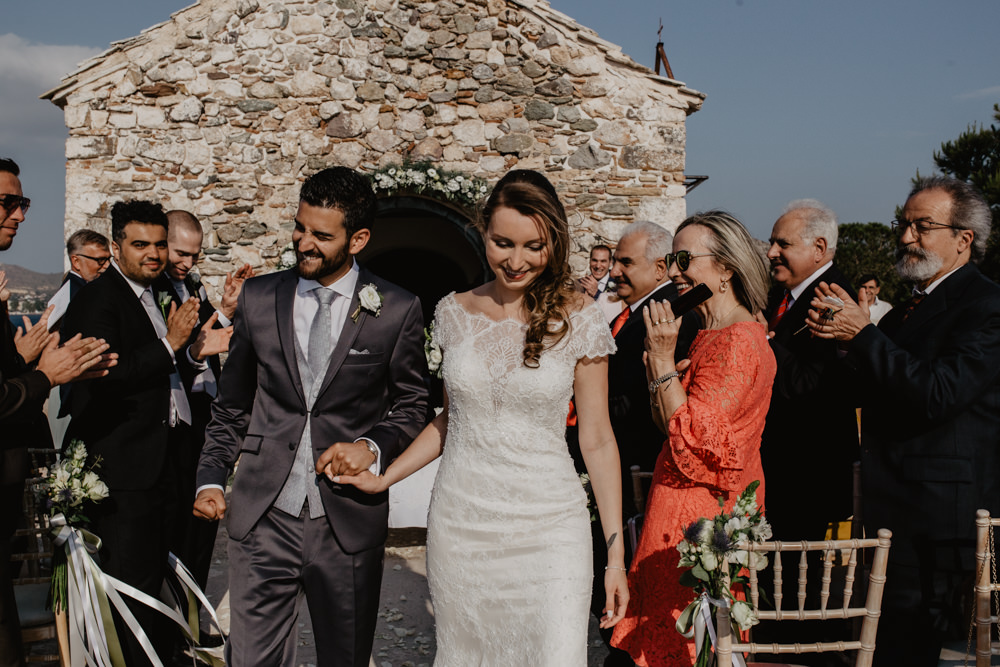 Bride Bridal Fishtail Lace Cap Sleeve Sweetheart Dress Gown Greece Destination Wedding Elena Popa Photography
