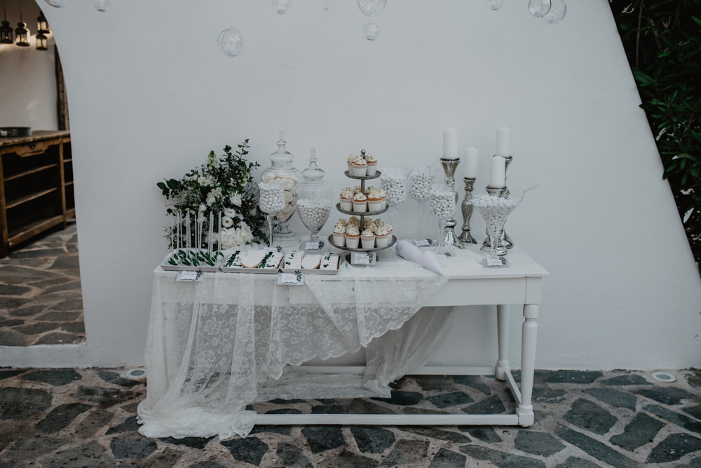 Cake Dessert Table Sugared Almonds Apothecary Jars Lace Greece Destination Wedding Elena Popa Photography