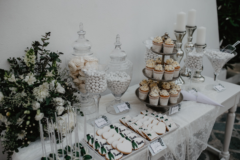 Dessert Cake Table Sugared Almonds Apothecary Jars Greece Destination Wedding Elena Popa Photography