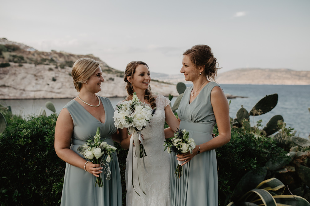 Bride Bridal Fishtail Lace Cap Sleeve Sweetheart Dress Gown Bouquet ASOS Sage Green Bridesmaids Greece Destination Wedding Elena Popa Photography
