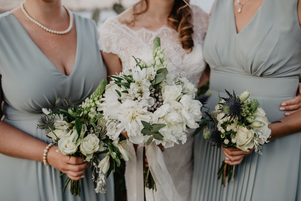 Bride Bridal Bridesmaids Bouquet White Sea Holly Rose Greece Destination Wedding Elena Popa Photography