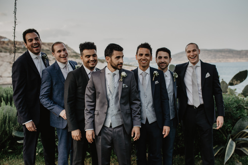 Groom Groomsman Mismatched Grey Suit Waistcoat Navy Greece Destination Wedding Elena Popa Photography