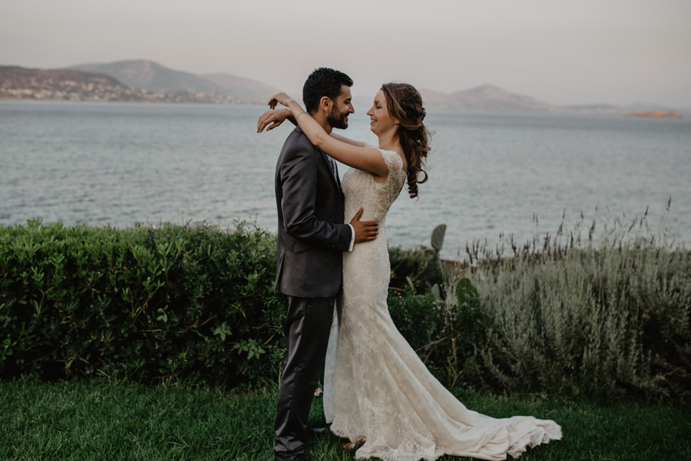 Bride Bridal Fishtail Lace Cap Sleeve Sweetheart Dress Gown Groom Dark Grey Greece Destination Wedding Elena Popa Photography