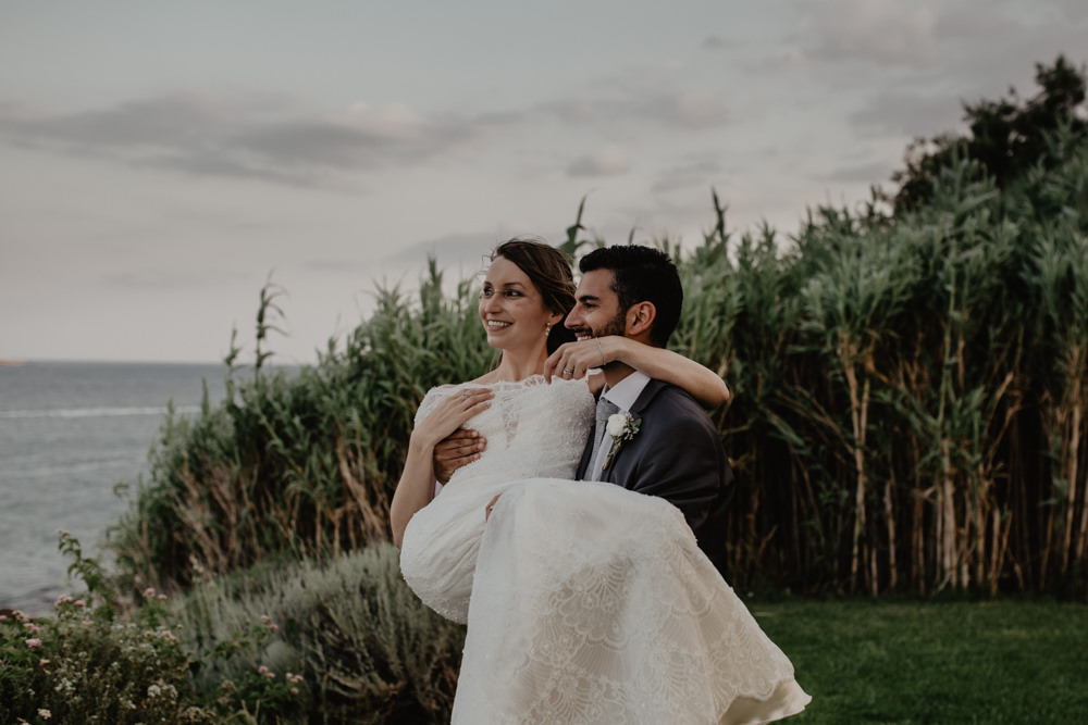 Bride Bridal Fishtail Lace Cap Sleeve Sweetheart Dress Gown Groom Dark Grey Greece Destination Wedding Elena Popa Photography