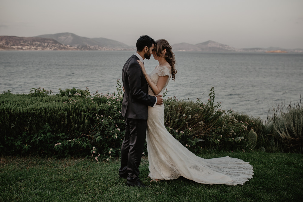 Bride Bridal Fishtail Lace Cap Sleeve Sweetheart Dress Gown Groom Dark Grey Greece Destination Wedding Elena Popa Photography
