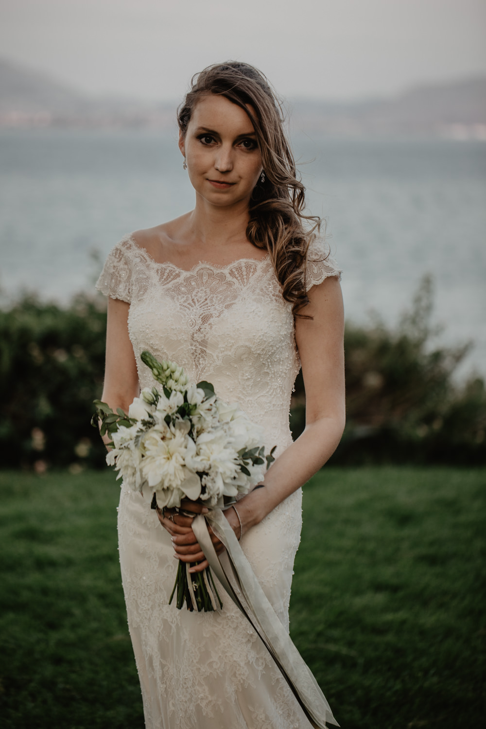 Bride Bridal Fishtail Lace Cap Sleeve Sweetheart Dress Gown Bouquet Ribbon White Greece Destination Wedding Elena Popa Photography