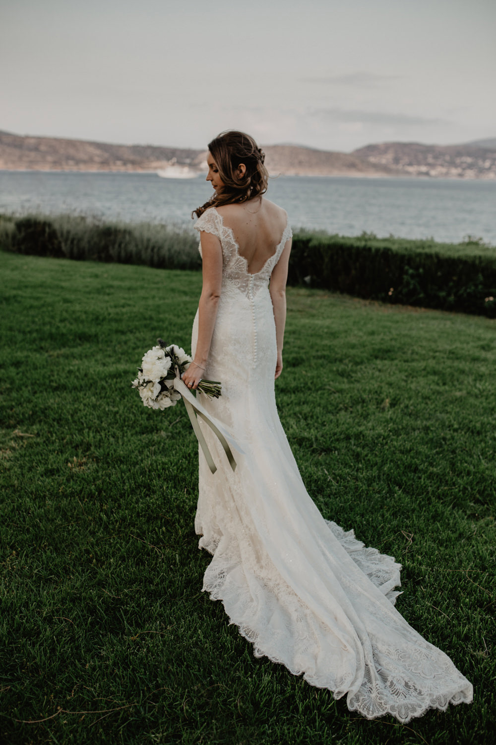 Bride Bridal Fishtail Lace Cap Sleeve Low V Back Dress Gown Bouquet Greece Destination Wedding Elena Popa Photography