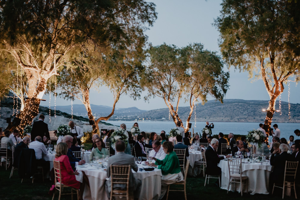 Tree Fairy Lights Outdoor Dinner Reception Greece Destination Wedding Elena Popa Photography