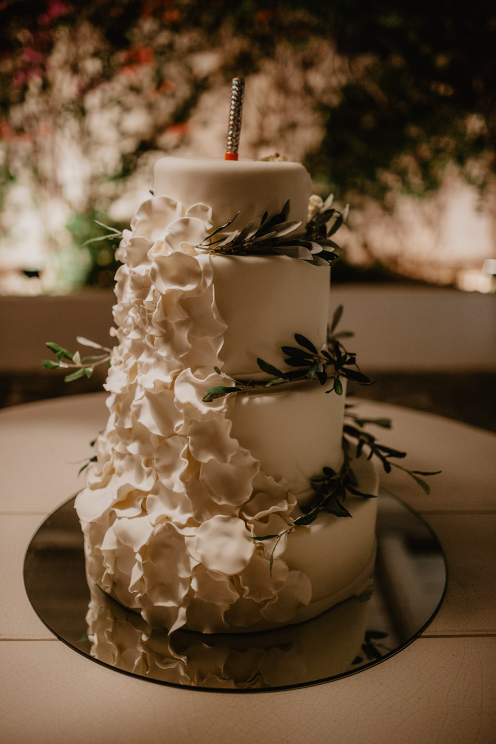 Cake White Tiered Olive Leaves Sparkler Icing Greece Destination Wedding Elena Popa Photography