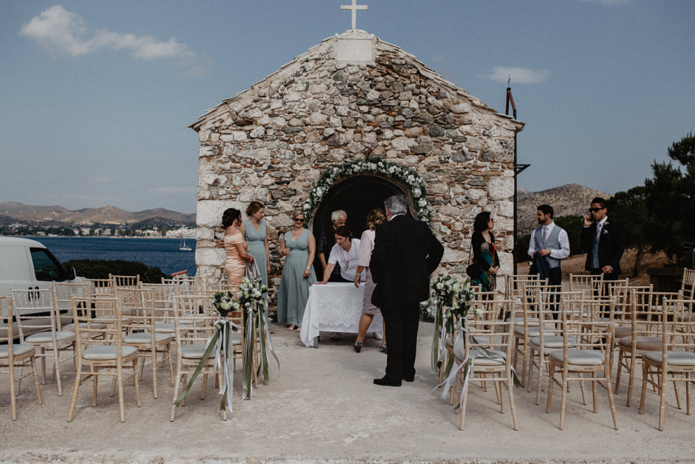 Outdoor Ceremony Church Greenery Floral Arch Greece Destination Wedding Elena Popa Photography