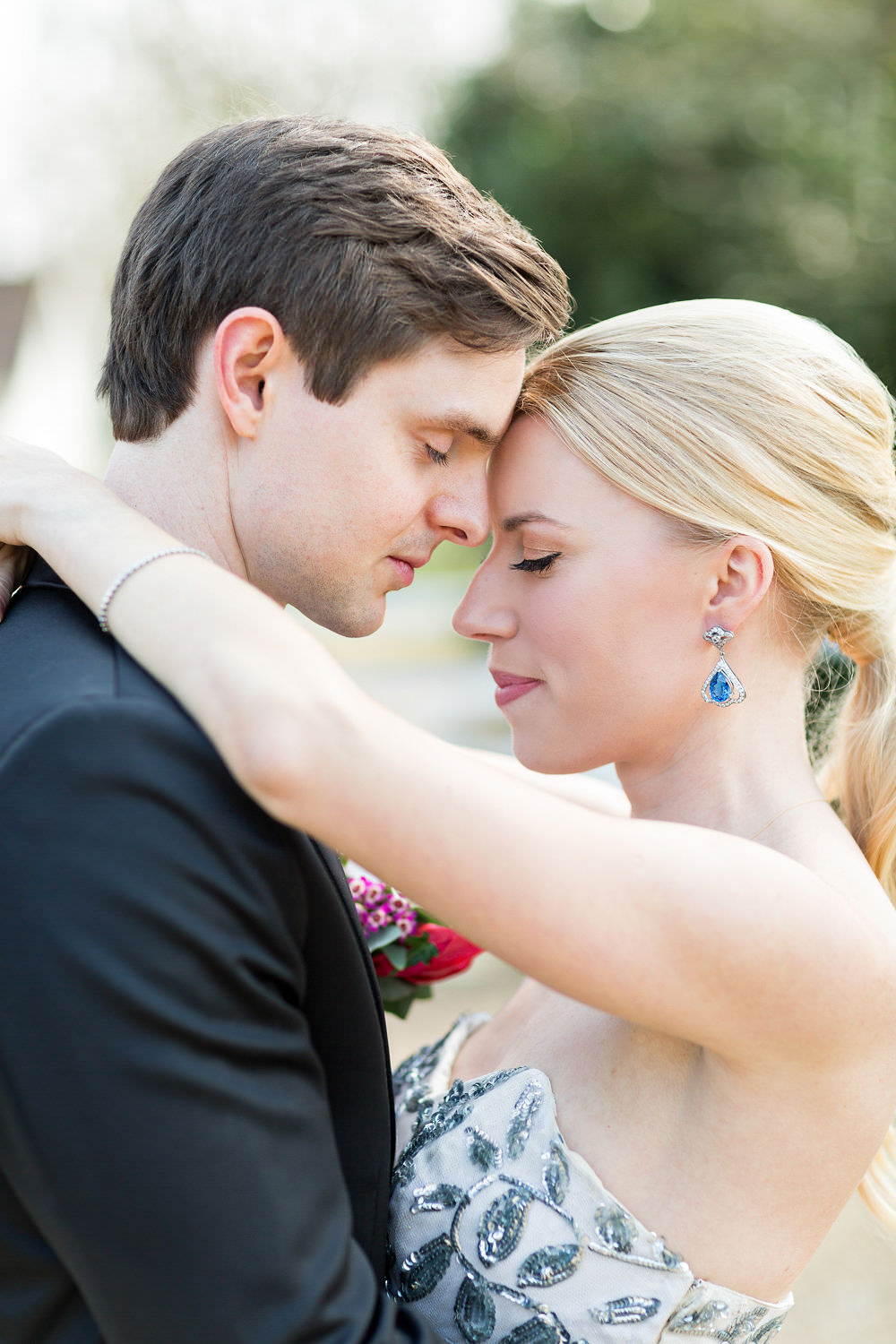 Bride Bridal Hair Ponytail Up Do Style Earrings Sapphire Highcliffe Castle Wedding Bowtie and Belle Photography