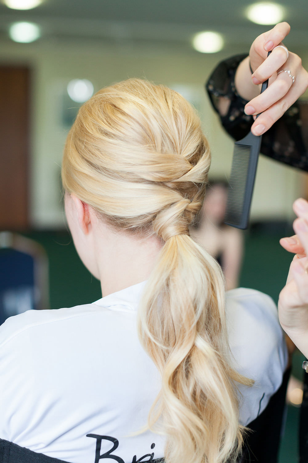 Bride Bridal Hair Ponytail Up Do Style Highcliffe Castle Wedding Bowtie and Belle Photography