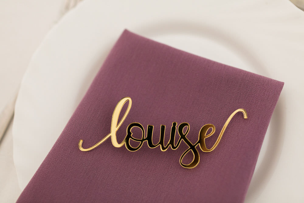 Gold Laser Cut Place Name Setting Highcliffe Castle Wedding Bowtie and Belle Photography