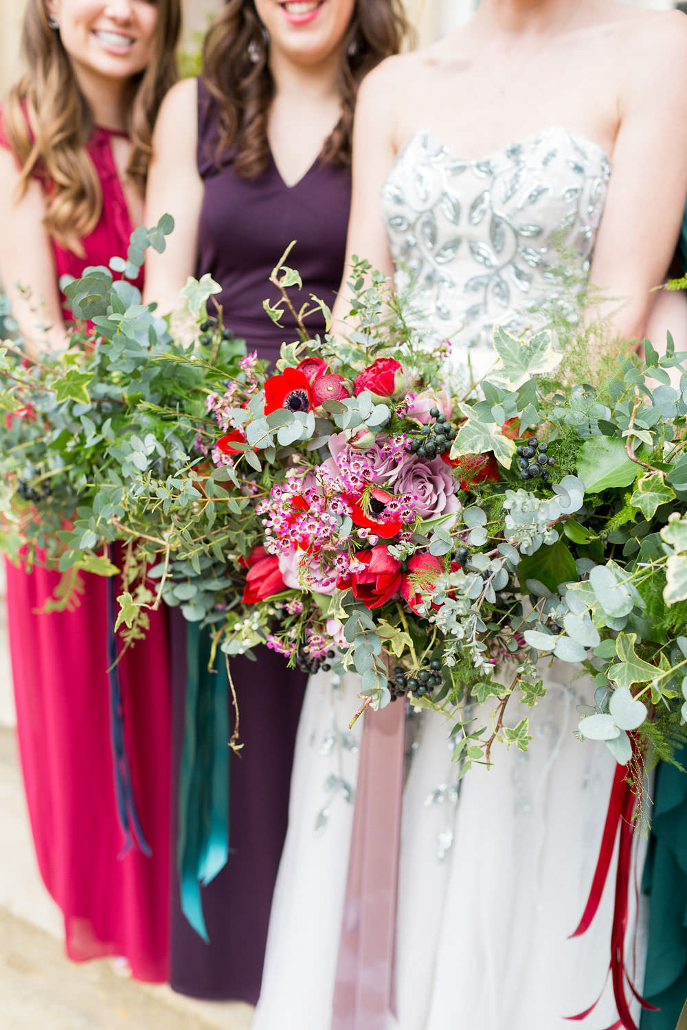 Bouquets Bride Bridal Bridesmaid Greenery Foliage Red Pink Rose Poppy Tulip Highcliffe Castle Wedding Bowtie and Belle Photography
