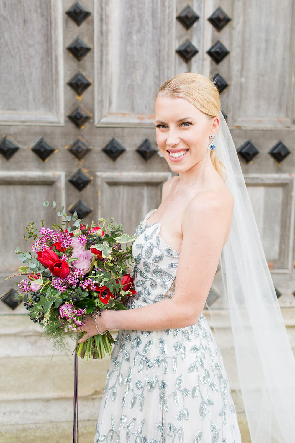Vintage Couture Dress Gown Bride Bridal Paris Strapless Sequin Silver Embellished Veil Highcliffe Castle Wedding Bowtie and Belle Photography