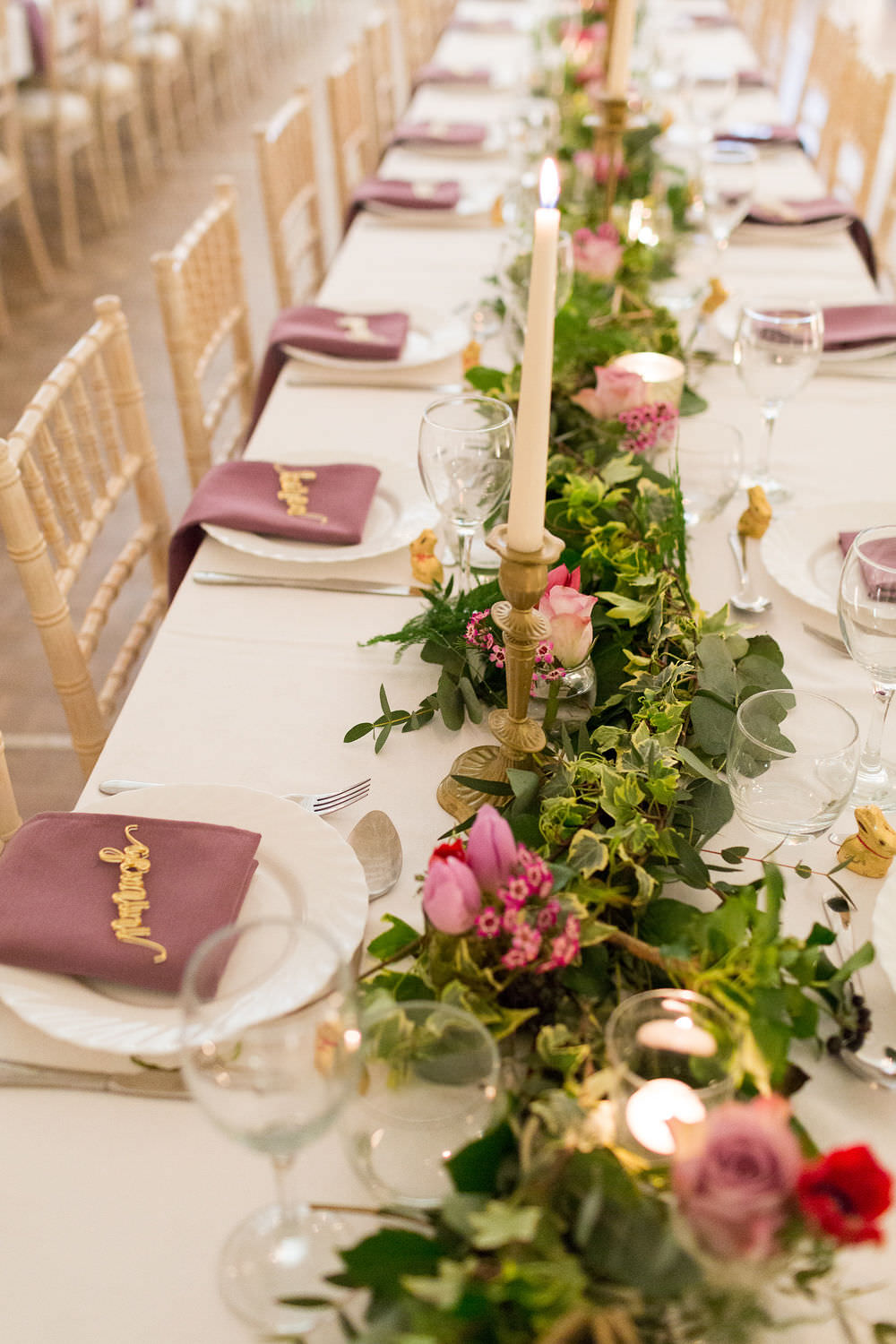 Marquee Foliage Greenery Runner Swag Table Pink Flowers Candles Napkins Place Setting Names Highcliffe Castle Wedding Bowtie and Belle Photography