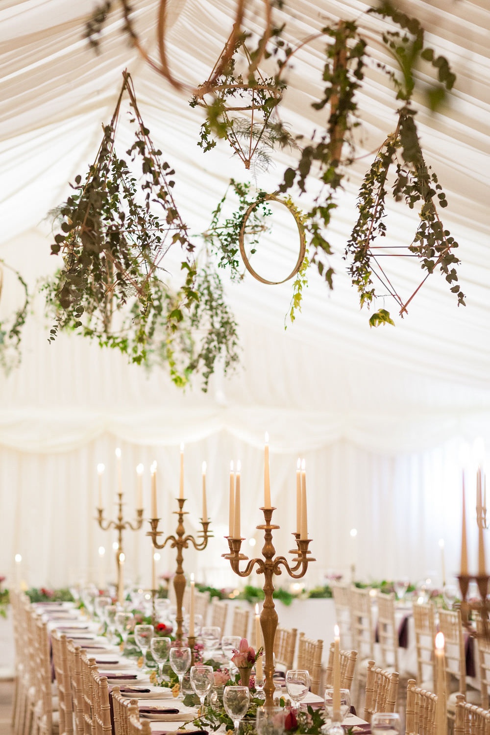 Highcliffe Castle Wedding Marquee Hoops Hanging Suspended Greenery Foliage Decor Geometric Brass Candlesticks Candelabras Bowtie and Belle Photography