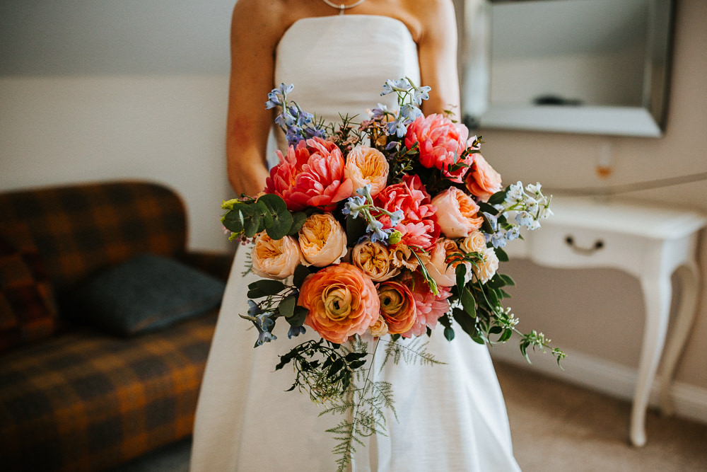 Bouquet Flowers Bride Bridal Peach Coral Peony Peonies Rose Holmes Mill Wedding Emilie May Photography