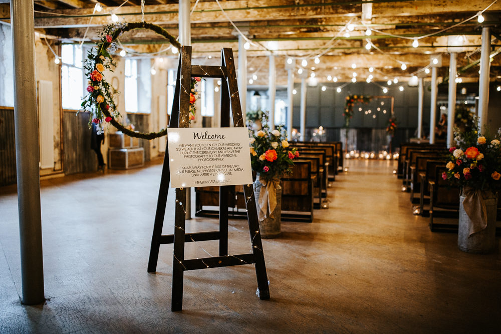 Ceremony Warehouse Industrial Easel Welcome Sign Holmes Mill Wedding Emilie May Photography