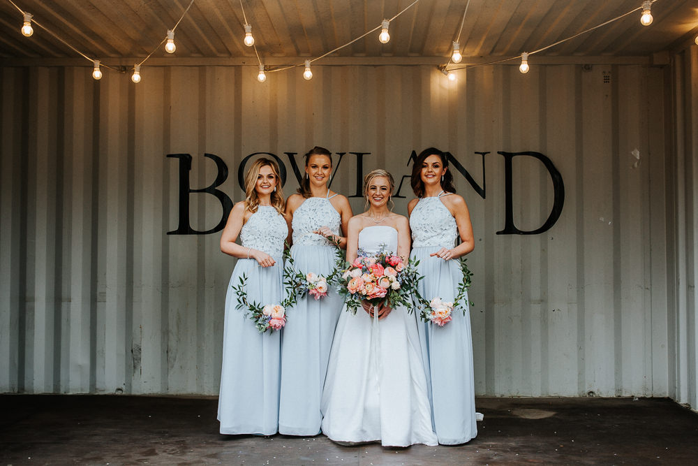 Long Maxi Dresses Bridesmaids Pale Glue Grey Wreath Hoop Bouquet Flowers Holmes Mill Wedding Emilie May Photography