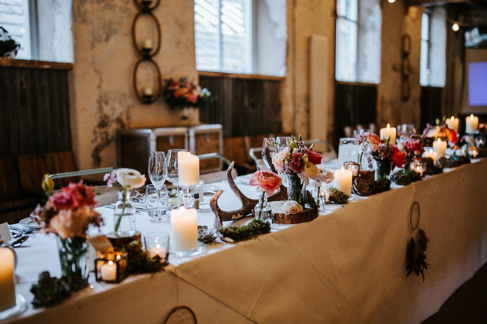 Top Table Decor Antlers Moss Log Flowers Holmes Mill Wedding Emilie May Photography