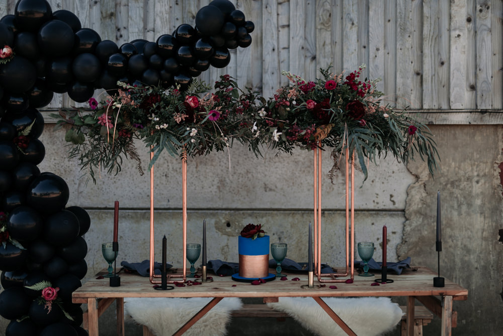 Table Set Up Tablescape Decor Suspended Flowers Copper Navy Blue Magenta Industrial Luxe Wedding Ideas Balloon Installation Ayelle Photography
