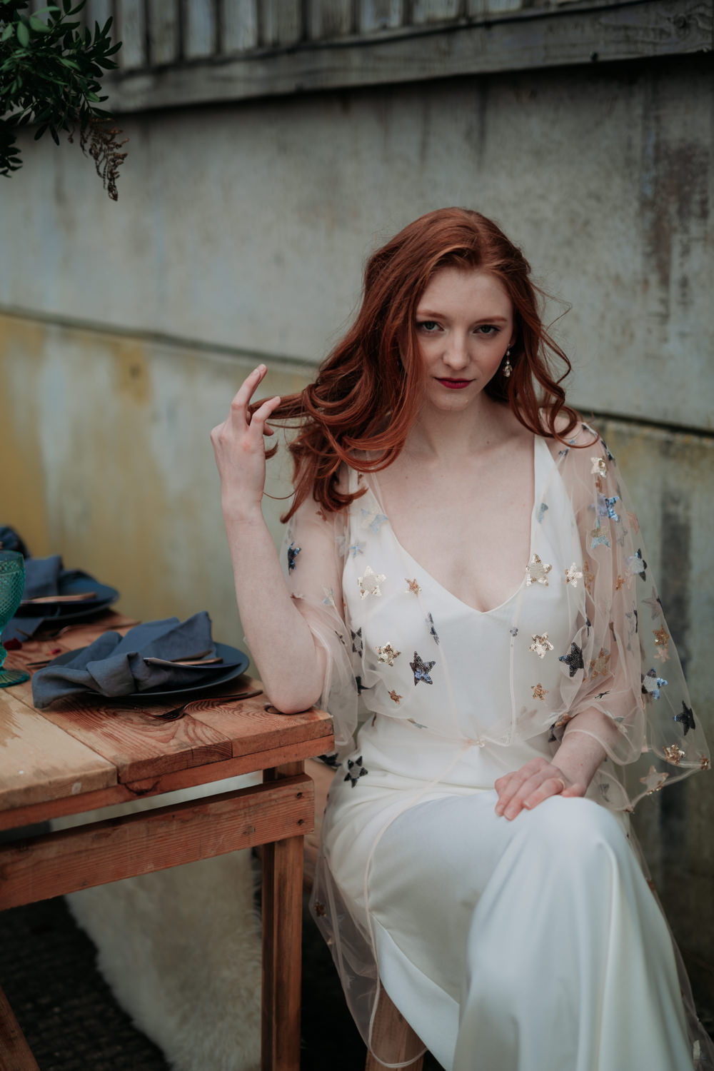Bride Bridal Dress Gown Cape Stars Celestial Starry Industrial Luxe Wedding Ideas Balloon Installation Ayelle Photography
