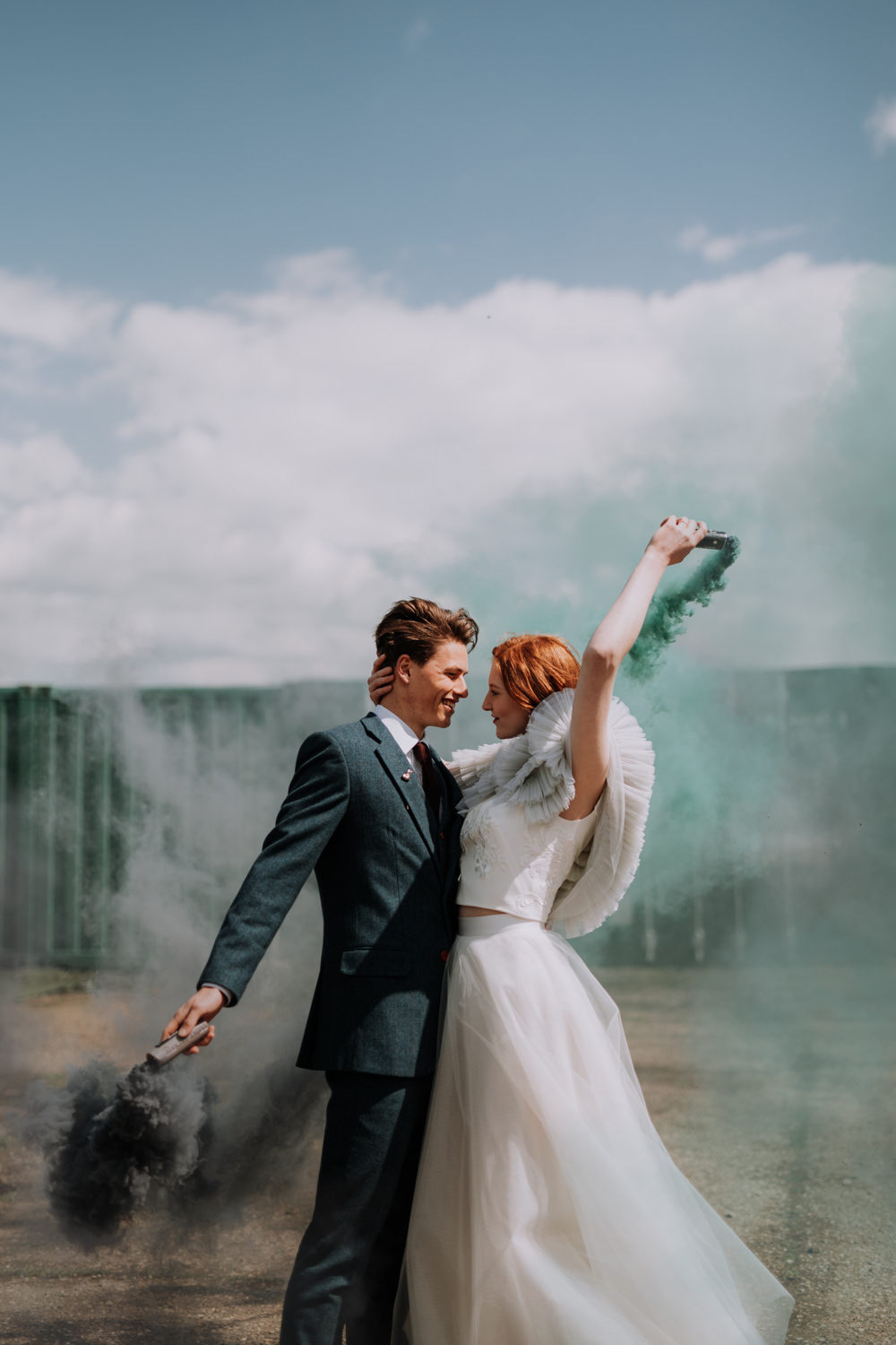 Smoke Bomb Portrait Photos Bride Groom Industrial Luxe Wedding Ideas Balloon Installation Ayelle Photography