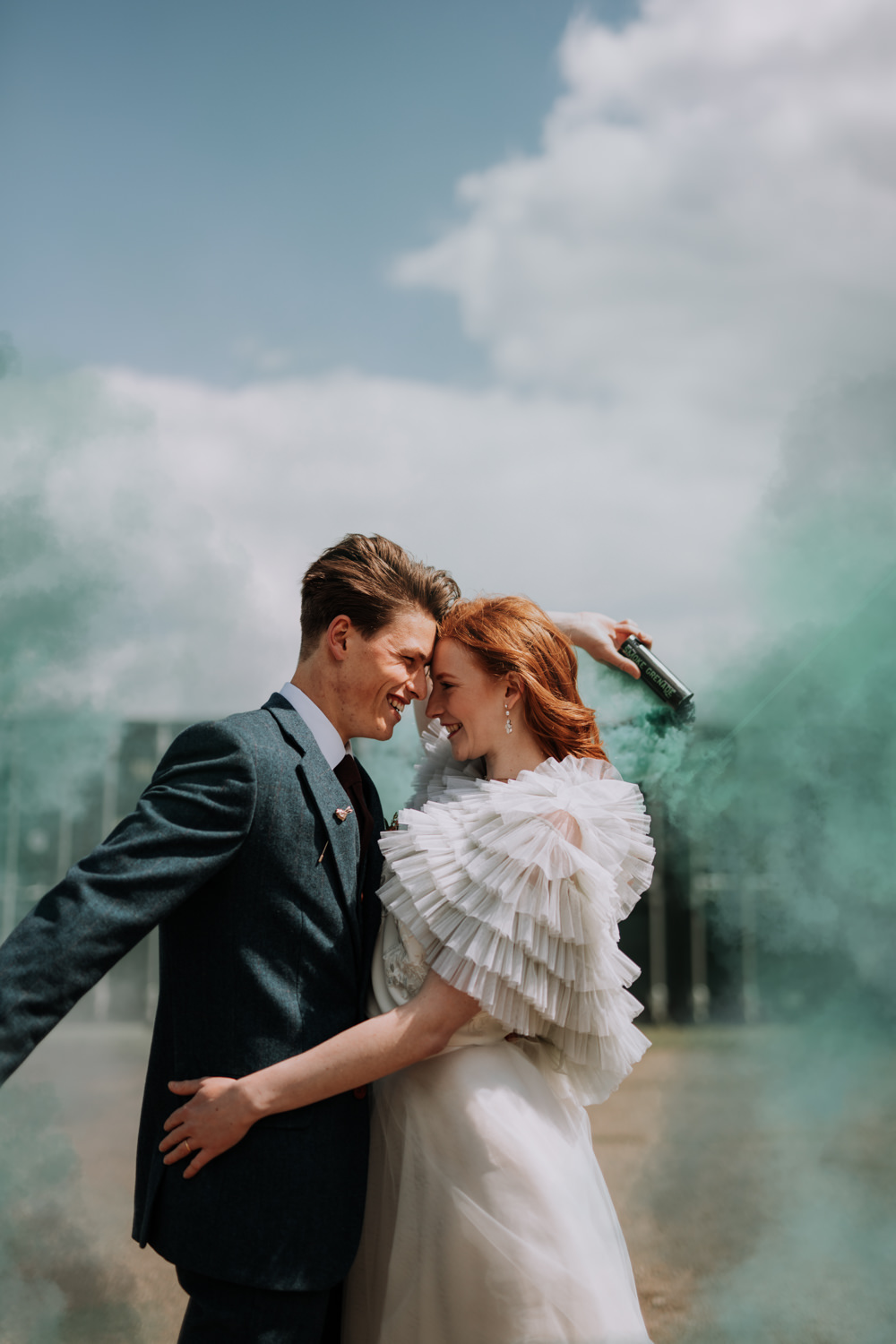 Smoke Bomb Portrait Photos Bride Groom Industrial Luxe Wedding Ideas Balloon Installation Ayelle Photography