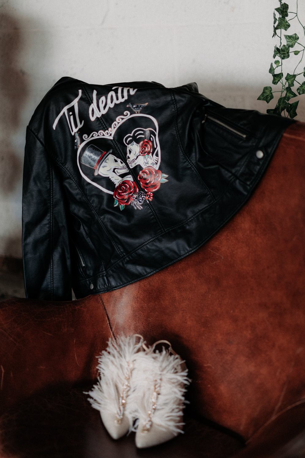 Leather Jacket Accessory Bride Bridal Painted Personalised Illustrated Industrial Luxe Wedding Ideas Balloon Installation Ayelle Photography